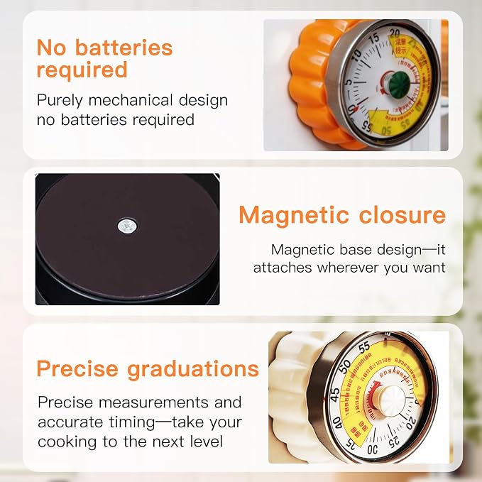 Mechanical Kitchen Timer with Strong Magnet, Loud Ring Wind Up Cooking Timer, No Battery Manual Countdown Timer for Baking, Cooking, BBQ, Study, Classroom, Seniors & Daily Reminders