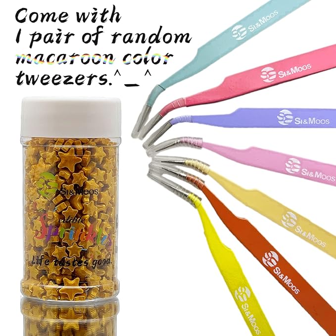 SE Si&Moos Gold Star Sprinkles for Cake Decorating Star Cake Decorations Large and Small Edible Gold Stars, Shower Party Birthday Halloween Christmas Supplies 3 OZ with Tweezers