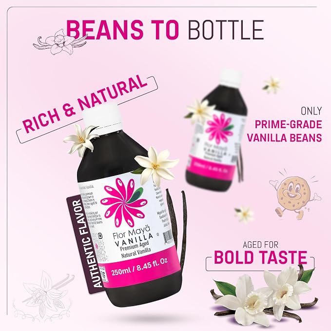 Flor Maya Vanilla Extract – Premium Aged Blend Made with Mexican Vanilla Beans | Gourmet Vanilla Bean Extract for Baking, Cooking & Desserts | Gluten Free, Non-GMO, No Coumarin | 8.45 fl oz