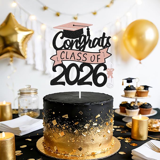 Congrats Class of 2026 Cake Topper Congrats Grad Cap Diploma Theme for High School Happy Graduation Party Supplies College Graduate Decoration (Rose Gold)