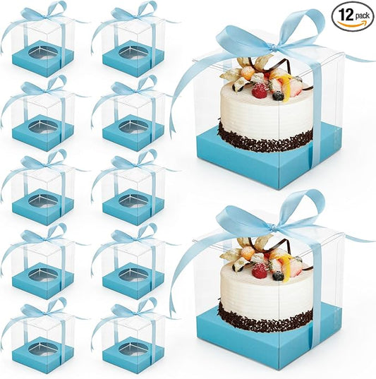 12 Pack Clear Plastic Cupcake Boxes, 3.5 Inch Gold Single Cupcake Containers Disposable Individual Cup Cake Carrier Holder Boxes with Inserts and Ribbon (Blue)