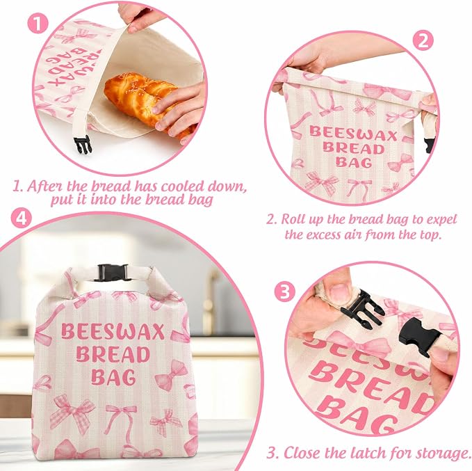2 Pack Beeswax Bread Bag for Homemade Bread, Reusable Natural Beeswax Storage Bag, Pink Bow Decoration, Reusable Linen, Food Storage Cloth Bag with Buckle, Home Portable Supplies 13 * 17IN