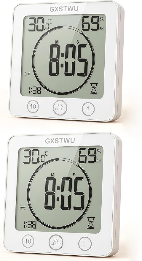 2Pcs Digital Shower Clock, Bathroom Timer Clock, Waterproof for Water Spray, Count Up Count Down Alarm, Touch Screen Timer, Temperature Humidity, Wall Clock Magnet, Suction Cup, Stand (2packs)