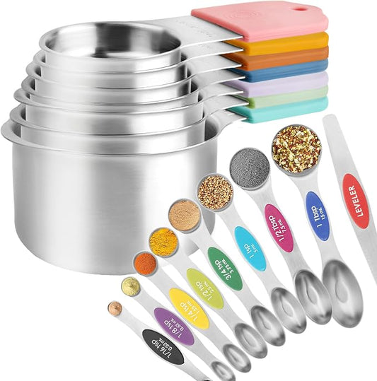 RUNZI 16 Pcs Magnetic Measuring Cups and Spoons Set,Stackable Metal Measure Cup for Measuring Dry and Liquid Ingredients,Kitchen Dry Food, Cooking Baking Measurements,Silvery