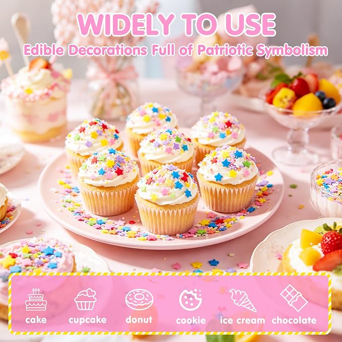 Edible Star Confetti Sprinkles,130g Rainbow Stars Sugar Sprinkle for Cake Decorations,Colorful Pentagram Shape Candy Baking Dessert Toppers,Cupcakes,Cookies,Ice Cream,Donuts,Perfect for Birthday Wedding Celebration Party Decorating Supplies