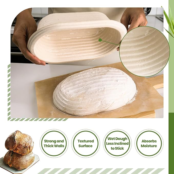 2 x 10inch Oval Sourdough Banneton Pulp Bread Proofing Basket with Linen Liners for Professional and Homemade Artisan Bread Baking Supply