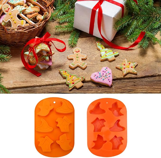 6 Cavities Silicone Cookies Biscuit Mold, Christmas Halloween Candy Mold, Reusable DIY Baking Mold Jelly Chocolate Mold, Ice Cube Tray Wax Melt Molds(Set of 2 Orange Ghost)