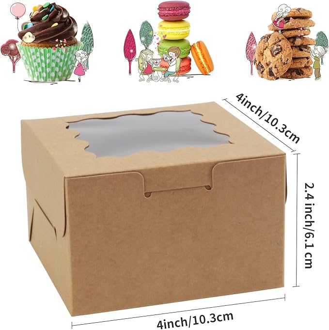 OAMCEG 100 PCS Bakery Boxes with Window and Stickers - 4x4x2.5 Inch Individual Cupcake, Pastry, Cookie, Small Cake Boxes - Carrier Holders & Containers for Mini Dessert Packaging