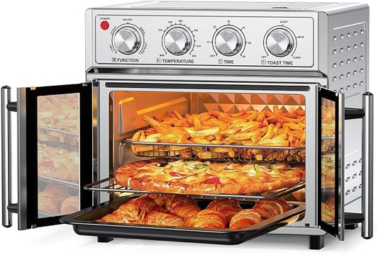 PlumChef 27.5 Qt Air Fryer Convection Toaster Oven, Stainless Steel | Extra Large, 6 Slices, French Door, 1700W, Multifunction: Air Fry, Toast, Grill, Defrost, Bake