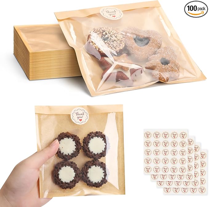 HONKID 100 Pack Cookie Packaging Bags With Seal Stickers, 5.7x6.5 Inch Food-Grade Bakery Bags With Window, Heat Sealable Paper Cookie Sleeves for Homemade, Cookies, Cakes, Brown, Donut
