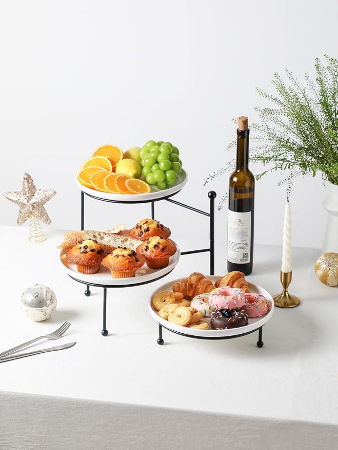 Kanwone 3 Tiered Serving Stand with White Porcelain Plates, 10" Round Tray, Dessert Table Display Set, Black Metal Stand, Versatile & Durable