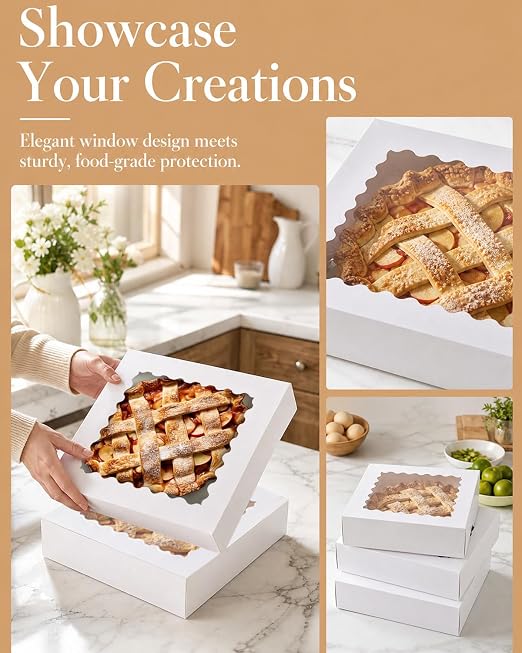 Bakepacker 120pcs White Pie Boxes 12"x 12"x 3" Easy Assemble Macaroon Cookie Boxes Bakery Boxes with Window for Bakery (Auto-pop Up)
