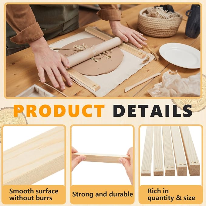 Sasylvia 10 Pcs Clay Pottery Rolling Pin Guides Wood Teaching Rolling Mud Stick Guide Set Polymer Clay Depth Thickness Guide Pottery Mudboard Tools (5 Size,Wood Color)