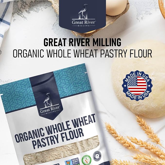 Great River Milling Organic Whole Wheat Pastry Flour | Soft Texture, Lower Gluten | USDA Organic, Non-GMO, Kosher | Ideal for Muffins, Cookies, Cakes & More | 5 Lb