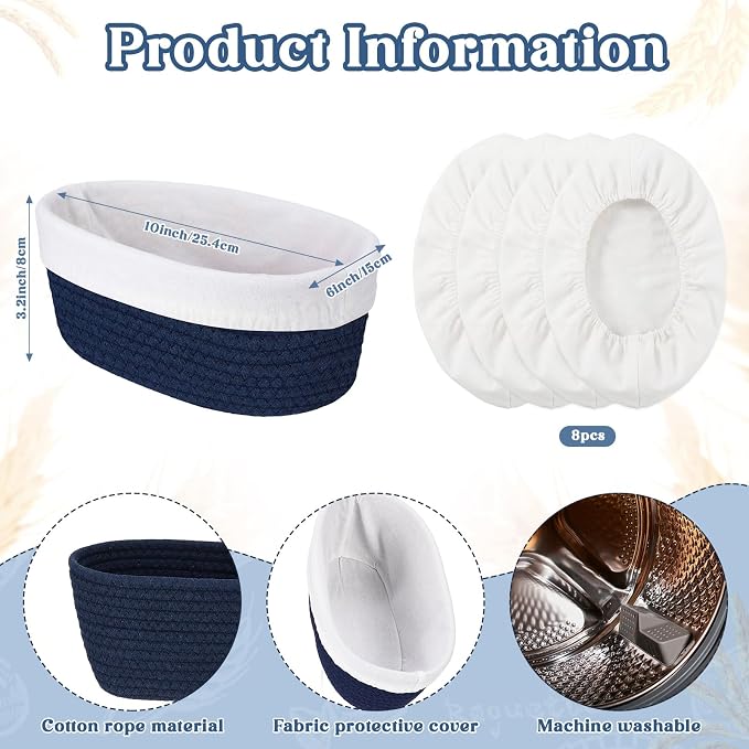 4 Pcs 10 Inch Cotton Rope Banneton Bread Proofing Basket Set Oval Banneton Basket Sourdough Bread with Liners Covers for Baking Supplies (Blue Tones)