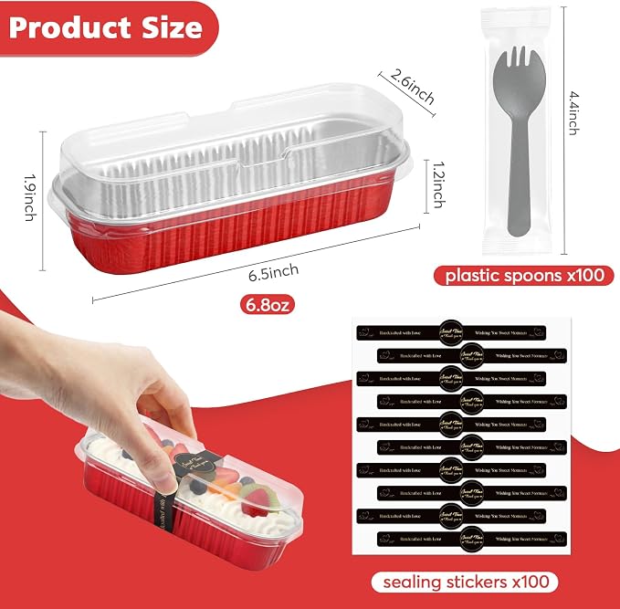 Ruckae 100 Pack Mini Loaf Pans with Lids and Spoons Stickers Disposable Aluminum Tin Foil Pans Rectangle Mini Loaf Cake Pan for Baking,Party,Picnics,Gifts(Red)