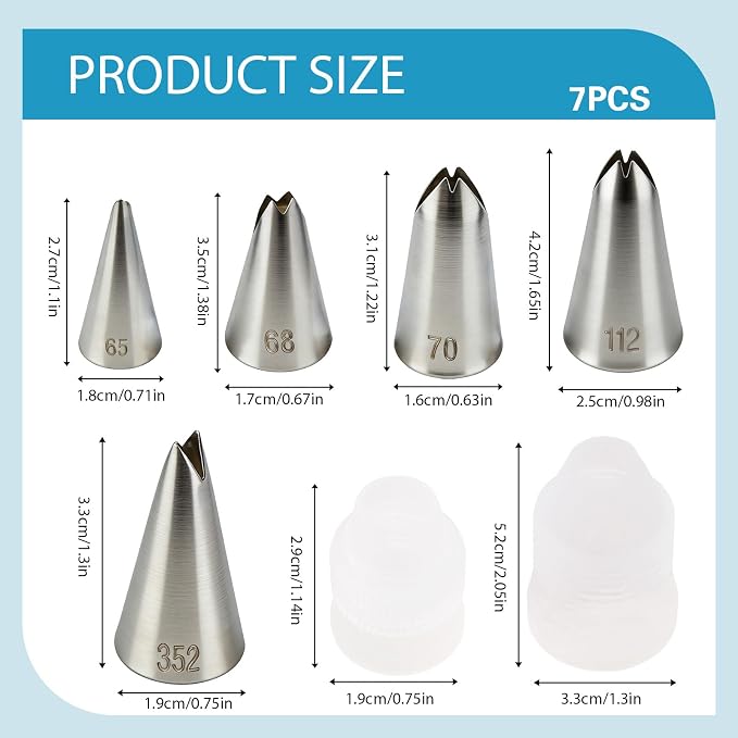 7 Pcs Leaf Piping Tips Set, 5 Stainless Steel Cake Decorating Tips with Couplers, Icing Nozzles for Buttercream Flowers, Cupcakes, Cookies, Pastries, Baking Supplies for Home Bakers (65/68/70/352/112)