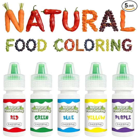 Natural Food Coloring Set – 5 Vibrant Colors (Red, Yellow, Blue, Green, Purple) 6mL Each Bottle, Plant-Based Food Dye for Baking, Cake Decorating, Fondant, Cookies & Holiday Treats
