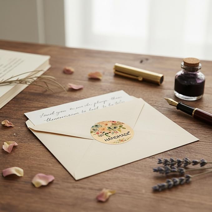 120PCS Handmade Kraft Stickers Handmade with Love Floral Bouquet Stickers Packaging Labels