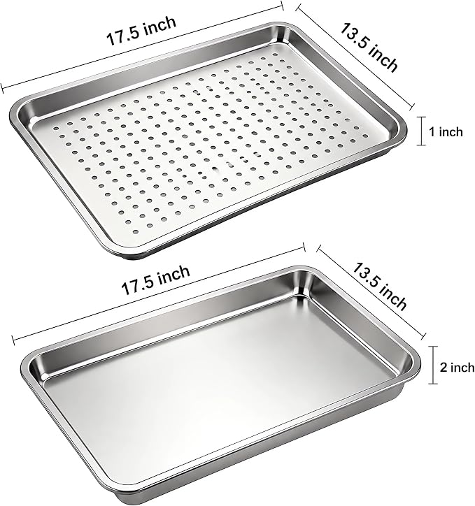 17.5" Half Sheet Baking Pan & Crisping Tray, 18/8 Stainless Steel | 2-Pack, Heavy Duty, Commercial Grade 304SS, 2" Deep Solid & 1" Perforated Tray, For Roasting Draining, Oven & Dishwasher Safe