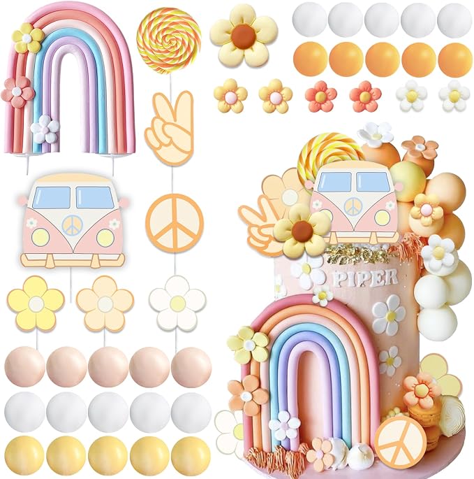 40 PCS Groovy Cake Topper Boho Cake Toppers Rainbow Cake Decoration Mini Balls Daisy Flower Cake Toppers for Retro Hippie Party Girl Birthday Party Groovy Boho Rainbow Wedding Party Supplies