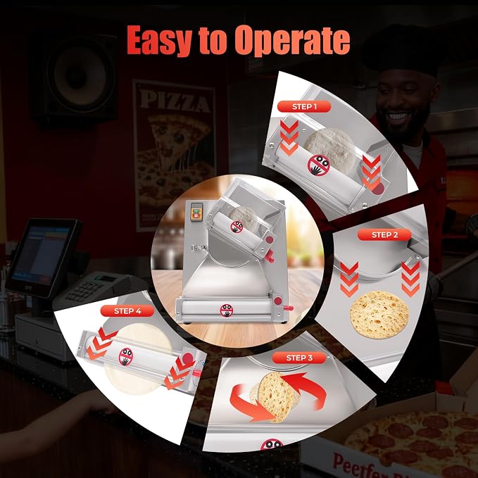 Pizza Dough Roller Sheeter, 4-12" Press Making Machine 370W 110V Electric Pizza Dough Roller Commercial Rolling Pin Pastry Press stainless Steel Dough Rollers for Pizza Bread & Pasta Maker