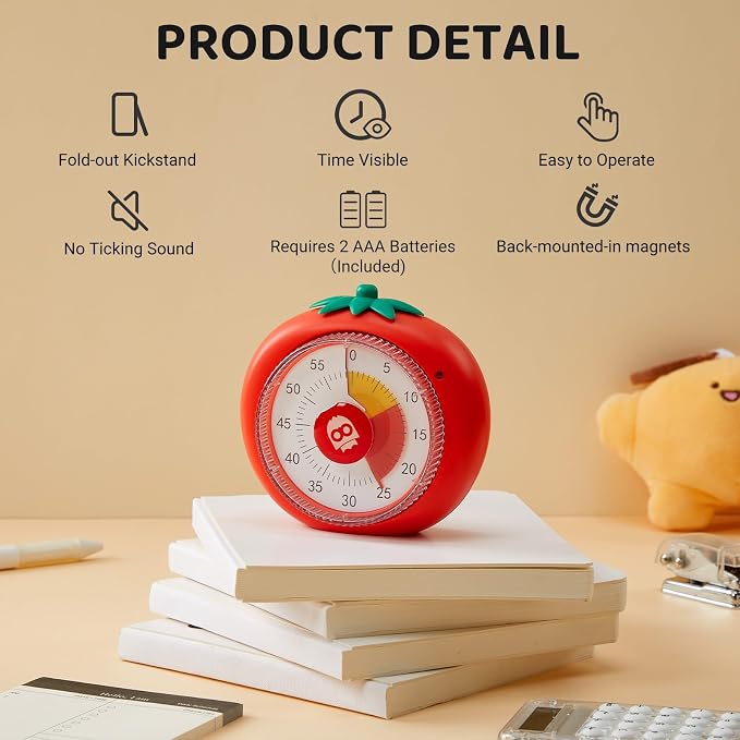 Magnetic Visual Timer, 60-Minute Countdown for Kitchen Classroom Homework | 4-Color Zone Dial with Cute Design, Kids Timer with Pomodoro Mode Time Management Tool for ADHD, Cooking & Baking