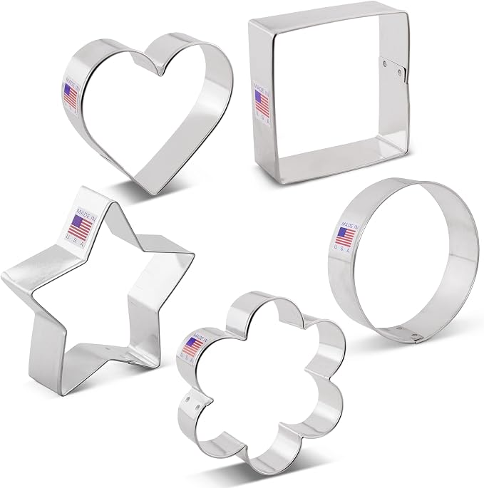 Ann Clark Basic Cookie Cutters 5-Pc. Set (Star, Heart, Circle, Square, Flower) Made in USA