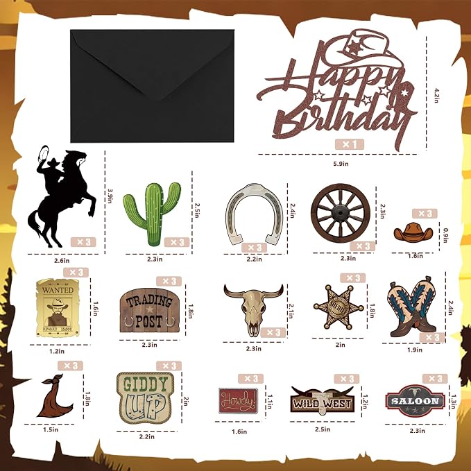 46 Pcs Cowboy Cake Toppers Glitter Cowboy Hat Cake Decorations Western Theme Happy Birthday Party Decoration for Boys Girls, Western Birthday Sign Decor Party Decor Party Supplies