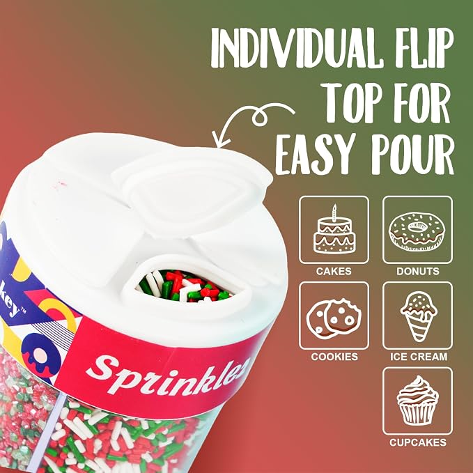 Christmas Sprinkles Mix 4 Cell Holiday Assortment 6.5 oz Edible Red Green White Jimmies, Nonpareils, Christmas Tree Confetti & Sanding Sugar for Cakes Decorating Xmas Cookies, Cupcakes & Holiday Desserts