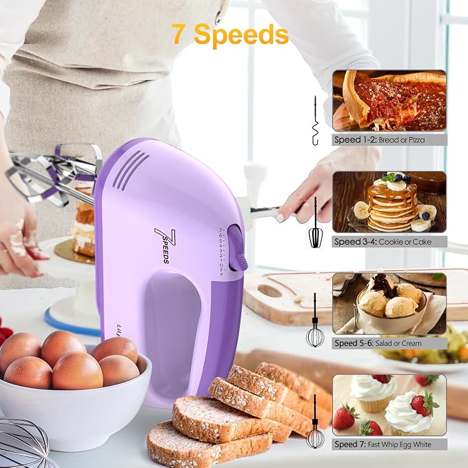 LILPARTNER Electric Hand Mixer with Storage Box, Ultra Power Kitchen Hand Mixer With 7-Speed & 5 Stainless Steel Accessories for Whipping Dough, Cream, Cake, Dishwasher Safe, PURPLE BOX
