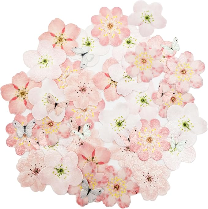 58 PCS Edible Cherry Blossoms Butterfly Cupcake Toppers Flowers Cake Decorations Wafer Paper Flowers Cupcake Topper for Baby Shower Kids Birthday Party Decorations Supplies Colorful