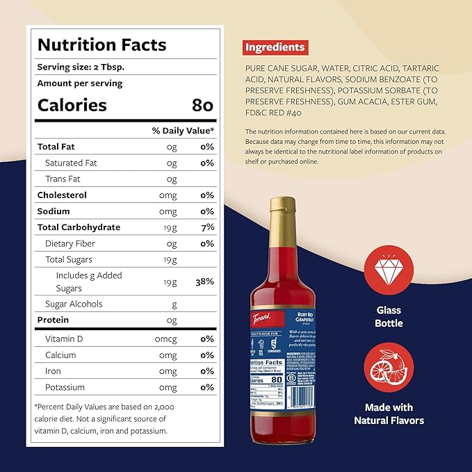 Torani Ruby Red Grapefruit Syrup for Drinks, Flavoring for Sodas and Cocktails, Glass Bottle with Pump Included, 25.4 Fl Oz