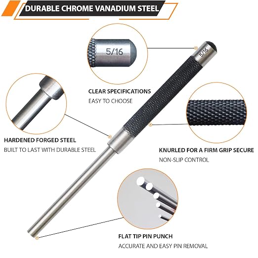 WHLLING 5-Piece Roll Pin Punch Set, 8-Inch Carbon Steel Pin Punch Set with Knurled Grip, Pin Diameter 1/8", 3/16", 1/4", 5/16" and 3/8"