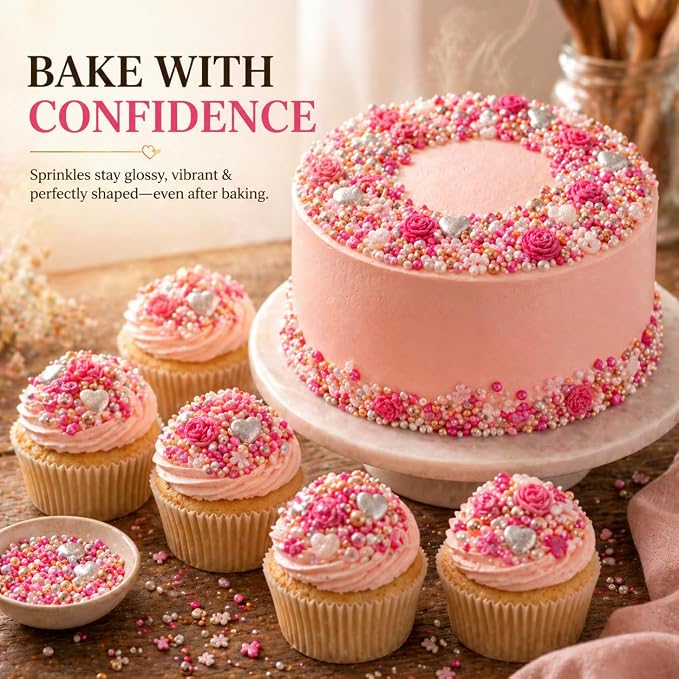 Confect Pink Mini Roses I Silver Hearts & Vermcelli and White Pearls | Anniversary Sprinkles | Sprinkles for Baking & Cake Decorative | Edible sprinkles - Vegan, Gluten-Free, Nut-Free, Soy-Free, Dairy-Free , Handcrafted Sprinkle 5 Oz