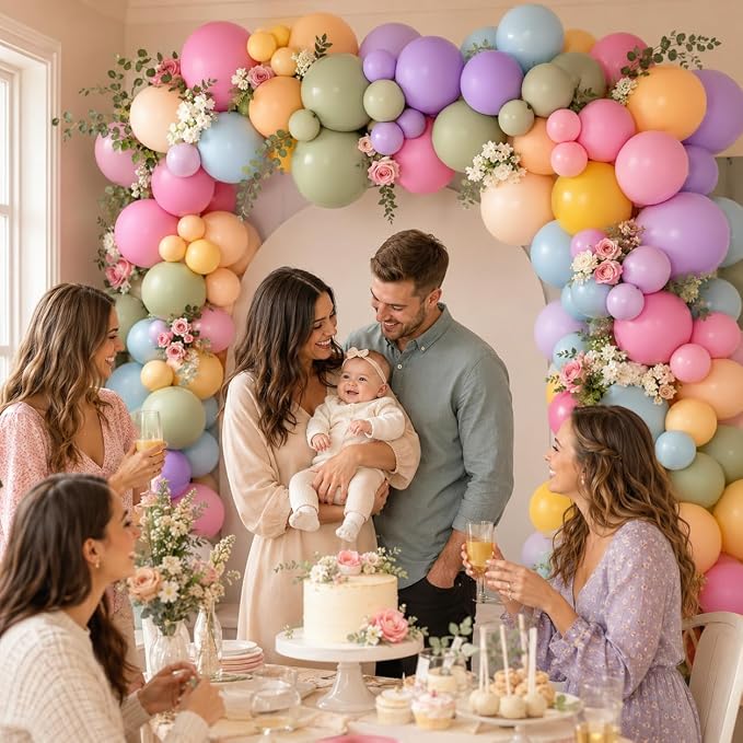 Flower Balloon Arch Kit, 122Pcs Hot Pink Pastel Blue Dusty Green Macaron Orange Lavender Purple Yellow Balloons for Girls Spring Party Boho Baby Shower Flower Birthday Garden Party Decorations