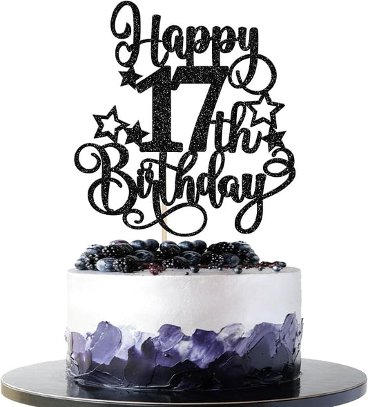 1 PCS Happy 17th Birthday Cake Topper Glitter Cheers to 17 Years Birthday Cake Pick Hello 17 Fabulous Cake Decoration for Happy 17th Birthday Anniversary Party Decorations Supplies Black