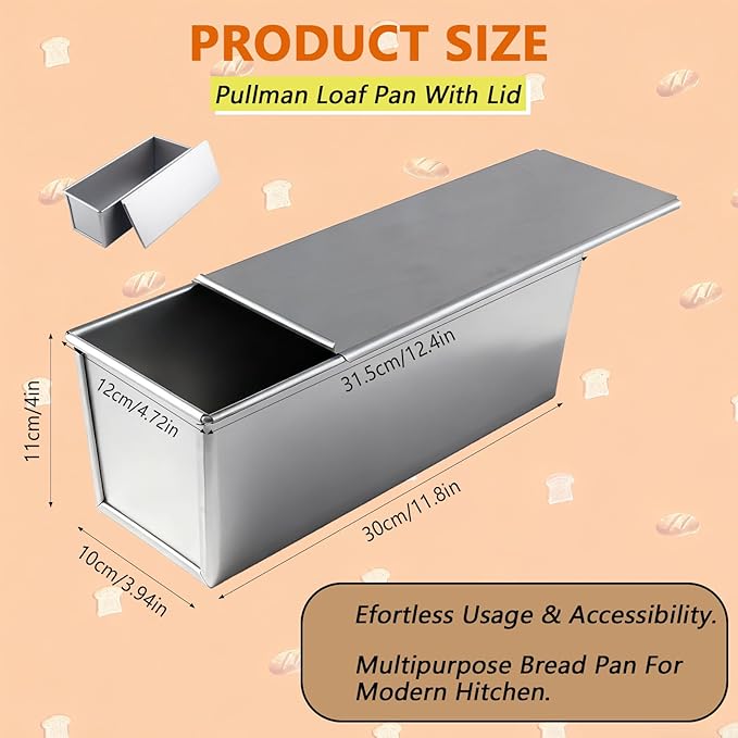 2 Pack Pullman Loaf Pan with Lid, 11.8x3.9 Inch Large Capacity Bread Loaf Pan with Cover, Non-Stick Bakeware for Baking and Toasting