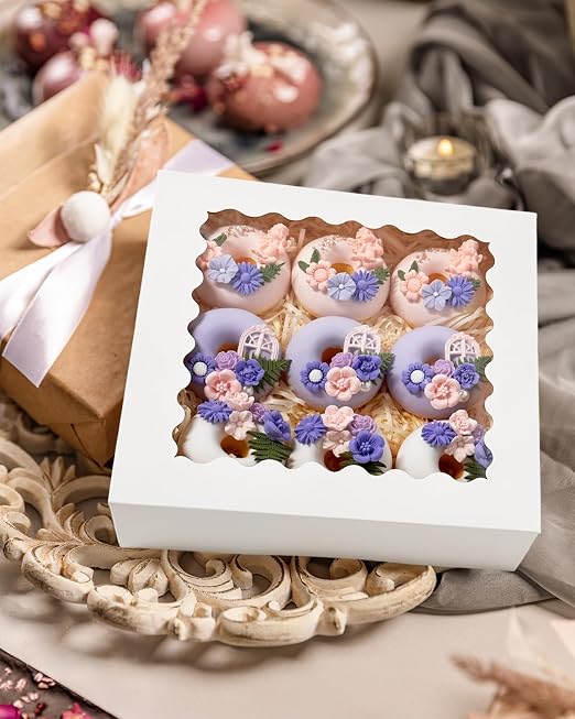 Bakepacker 90pcs White Pie Boxes 8x8x2.5 inches Easy Assemble Macaroon Cookie Boxes Bakery Boxes with Window for Bakery (Auto-pop Up)