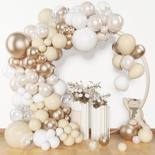 Amandir 153 Pcs White Sand Metallic Champagne Gold Balloons Arch Garland Kit, Different Sizes 18 12 10 5 Inch Pearl White Sand Clear Beige Neutral Balloons Birthday Bridal Shower Wedding Decorations