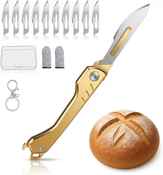 Bread Lame, Sourdough Scoring Tool with 10 Razor Blades - Folding & Extractable Bread Scorer Knife for Homemade Bread, Sourdough Slashing, Baking Tools Kit, Includes Protective Cover&Portable keychain