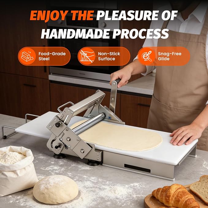 Folding Dough Sheeter Machine, 15.5" Dough Sheeter with 10 Adjustable Thickness Settings (0-17.5mm), Manual Stainless Steel Dough Roller for Home and Commercial Bakeries