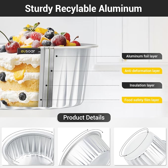 EUSOAR Foil Ramekins with Lids, 5oz 100pcs Silver Aluminum Cupcake Liners Oven Safe, Disposable Muffin Baking Cups Creme Brulee Pudding Holders Cases Boxes Pans for Wedding Birthday