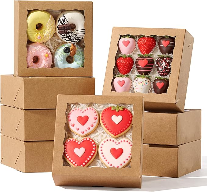 TEMLQPACK 50pcs Cookie Boxes with Window, 6x6x2.5in Brown Bakery Boxes for Treats, Small Cake, Desserts, Donuts, Pastry