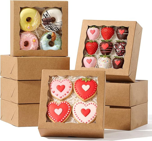 TEMLQPACK 50pcs Cookie Boxes with Window, 6x6x2.5in Brown Bakery Boxes for Treats, Small Cake, Desserts, Donuts, Pastry