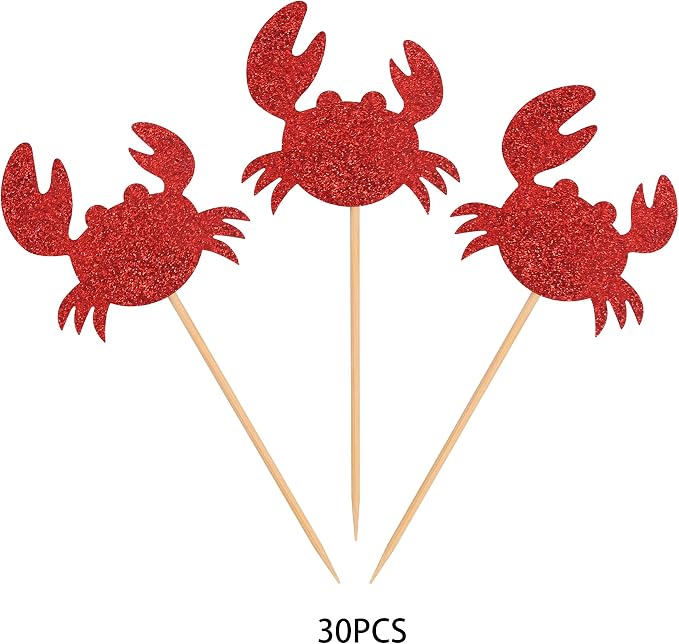 24 PCS Crab Cupcake Toppers Red Glitter Ocean Crab Cupcake Picks Seafood Ocean Animal Theme Baby Shower Kids Birthday Party Cake Decorations Supplies