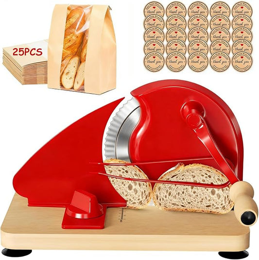 Manual Bread Slicer for Homemade Sourdough Bread with 25 Set Paper Bread Bags, Adjustable Thickness, Hand Crank Sourdough Bread Slicer with Stainless Steel Blade, Suction Cup and Guide Rail, Red