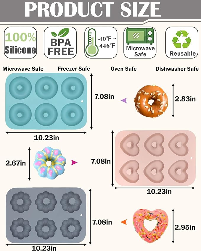 3 Pack Silicone Donut Pan for Baking, Non-Stick Doughnut Pan, 6 Cavity Fluted Tube Cake Silicone Mold for Baking (Blue+Gray+Pink)