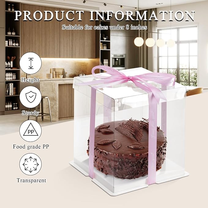 8x8x10Inch Tall Cake Boxes, 5 Pack Bakery Boxes for Tier Cakes, Disposable Cake Bakery Box with ribbon, Clear Cake Box for Pastry Wedding Birthday