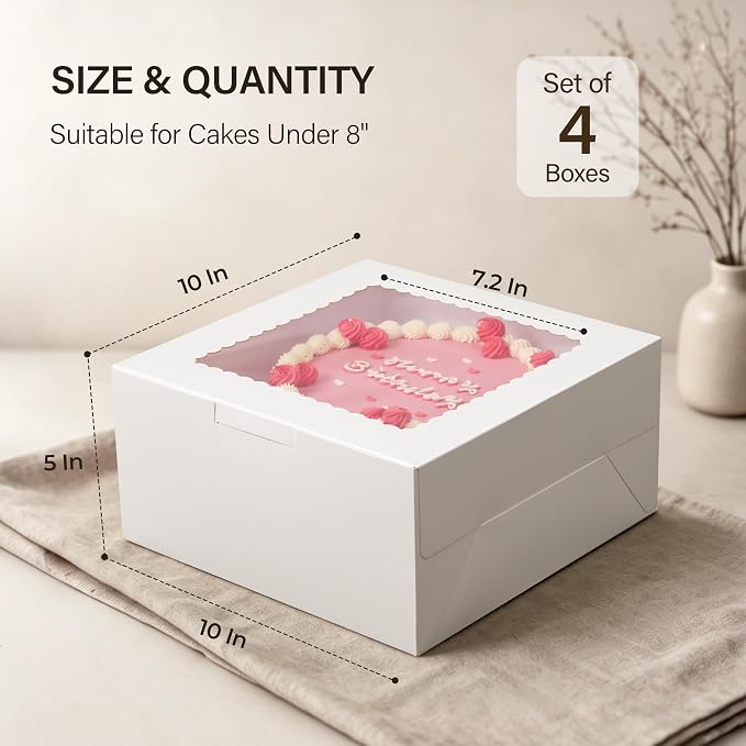 Kootek 4pcs Cake Boxes with Window, 10 x 10 x 5 Inches Bakery Boxes Treat Cookie Dessert Boxes Pastry Box for Cake, Chocolate Covered Strawberries, Cupcakes, Donuts, Baked Goods